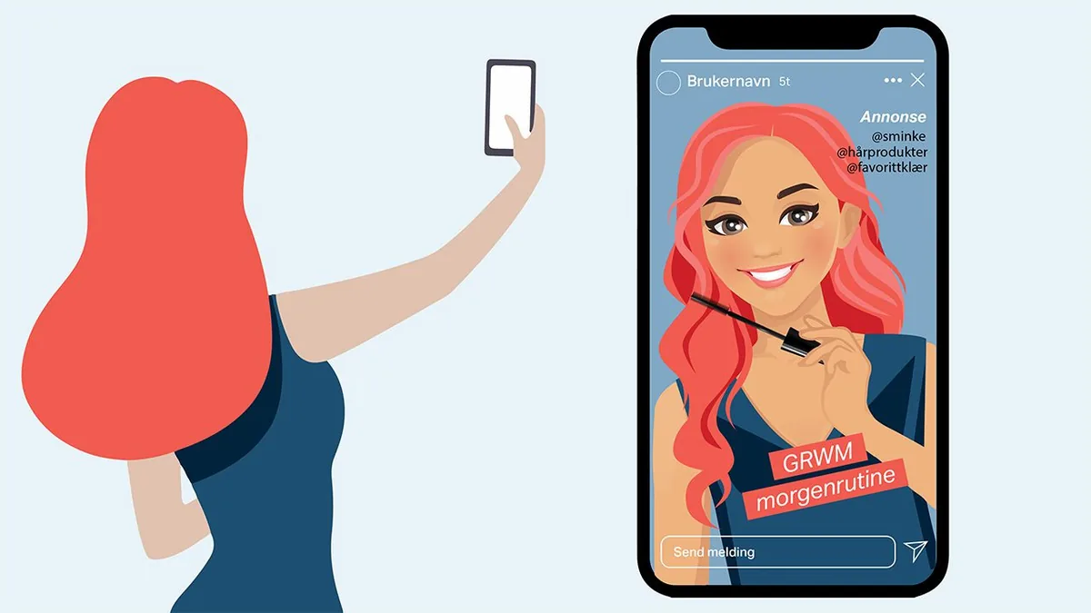 Illustrasjon av en person som filmer seg selv, med en Instagram-story merket Annonse og tre annonsørkontoer listet opp