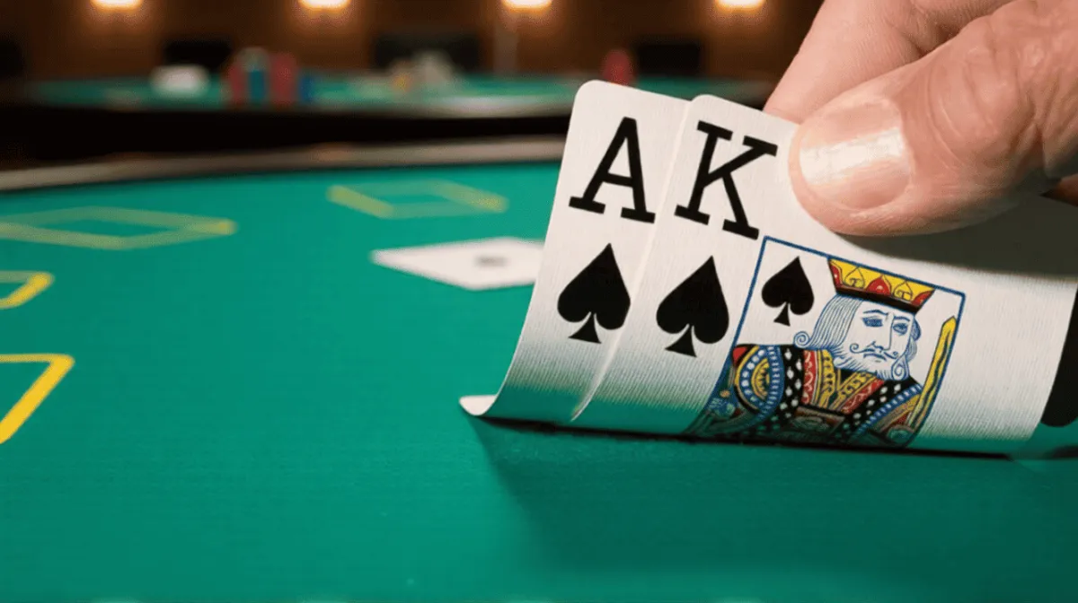 En hånd løfter ess og konge i spar over et grønt pokerbord