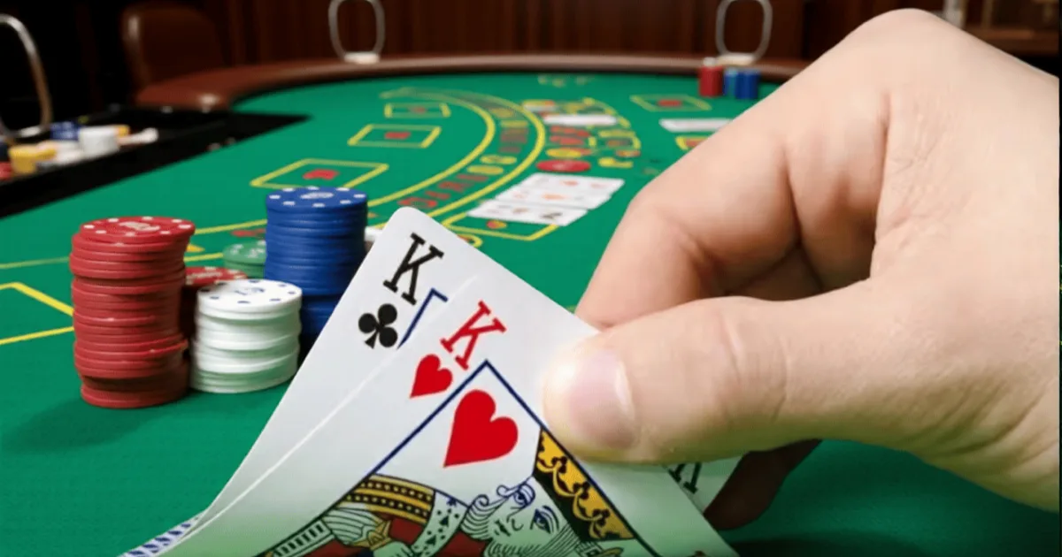 En spillers hånd løfter to kongekort over sjetongstabler på et grønt pokerbord