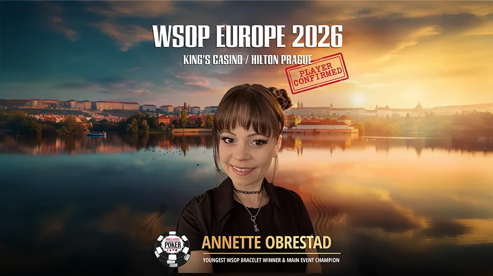 Plakat for WSOP Europe 2026 med Annette Obrestad foran utsikten over Praha og teksten Player confirmed