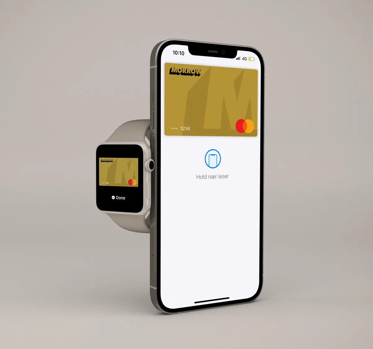 Kredittkortet fra Morrow Bank vist i mobilen og på en klokke