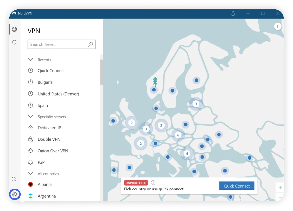NordVPN-appen for Windows med kart over Europa og en liste over spesialserverne