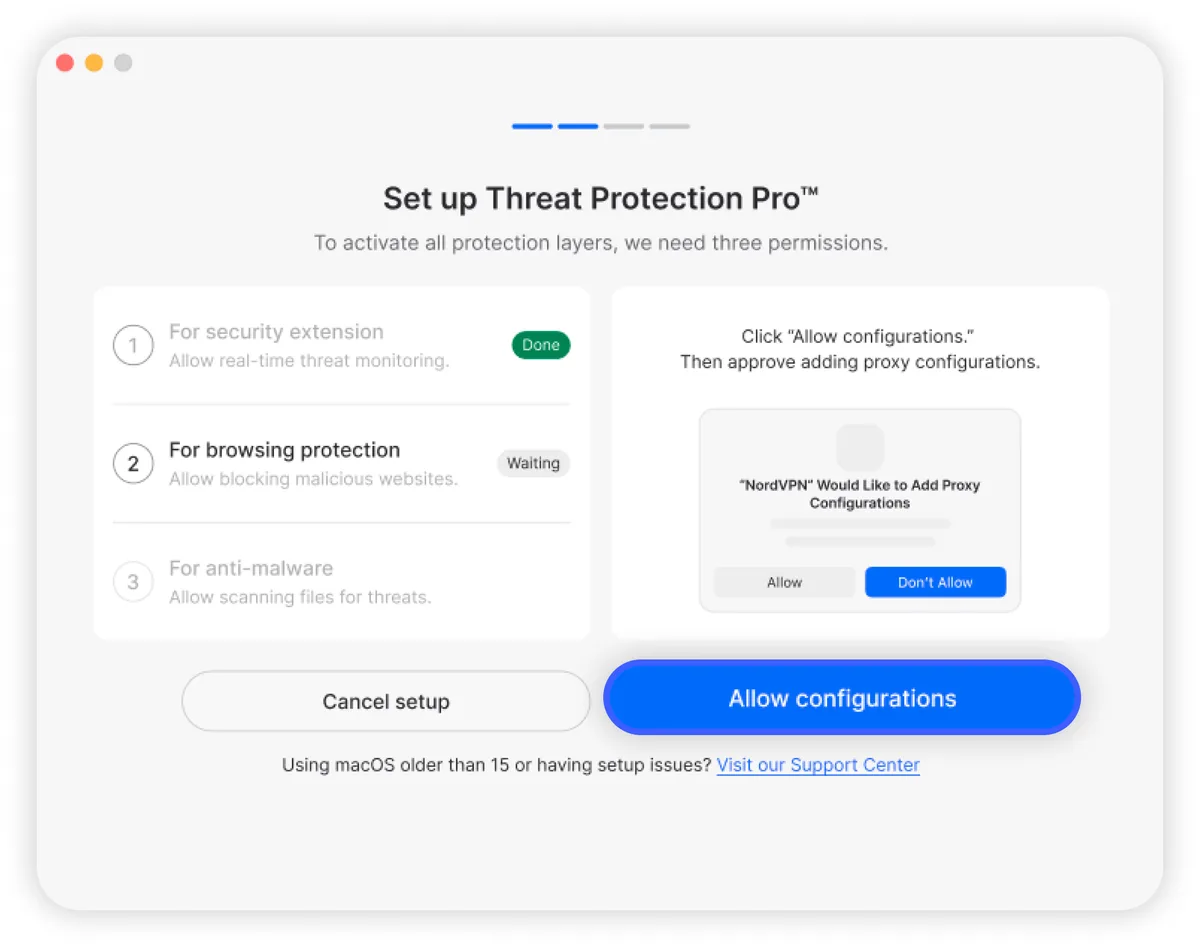 Oppsettsvinduet i NordVPN for macOS, der tre tillatelser må godkjennes én etter én