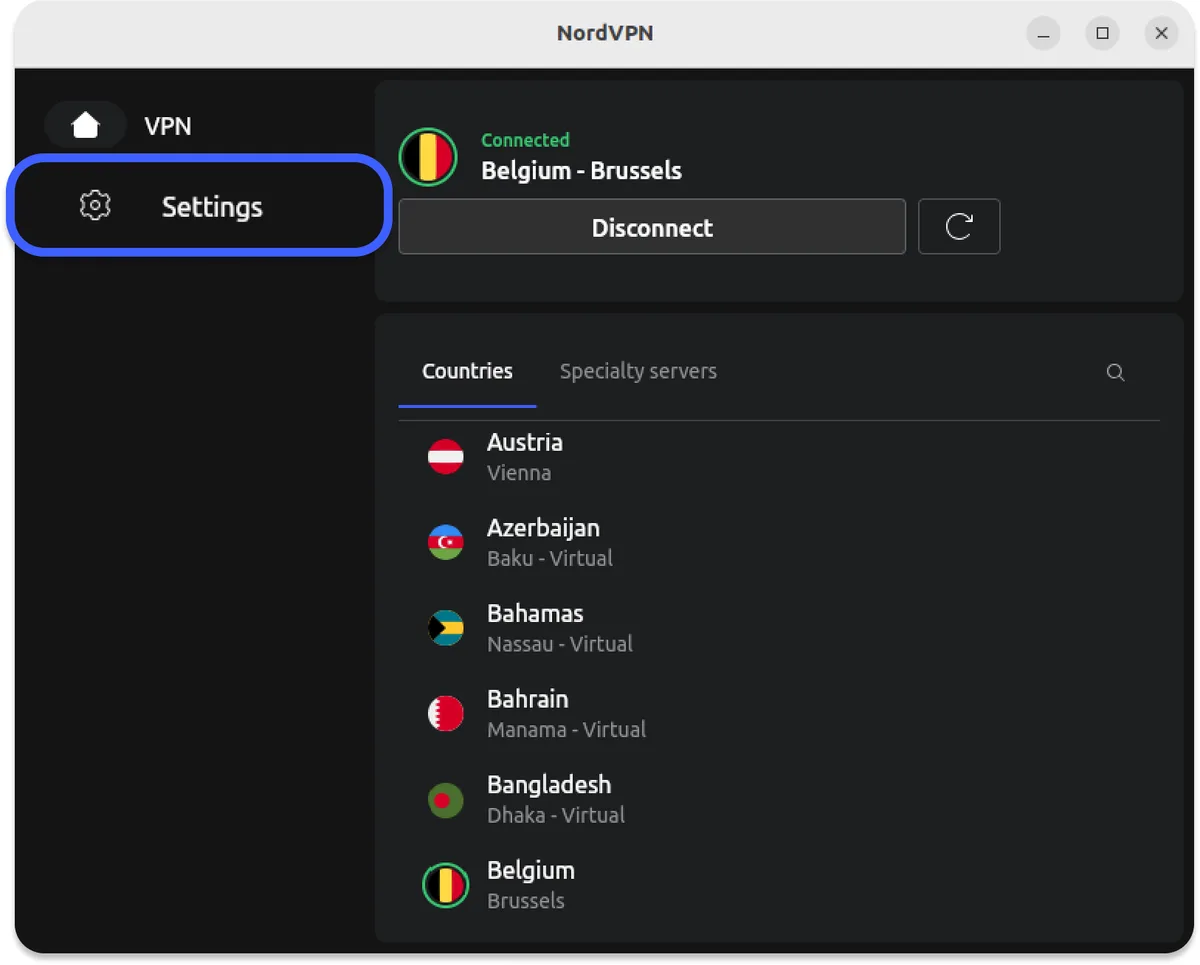 NordVPN-appen for Linux koblet til en server i Brussel, med landlisten til høyre