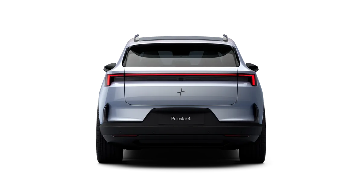 Polestar 4 SUV sett rett bakfra med bakrute i glass og takrails
