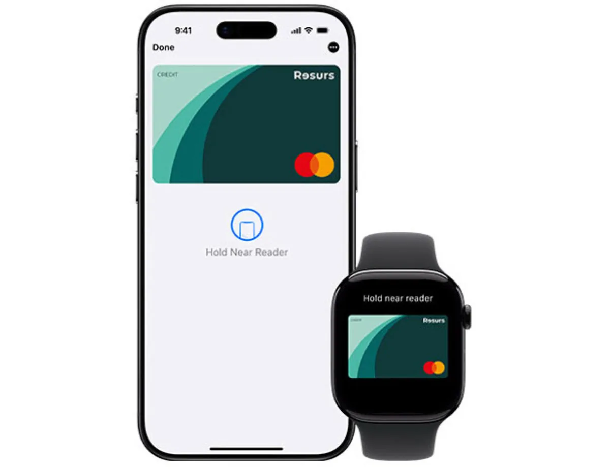 En mobil og en smartklokke som viser Resurs-kortet klart til betaling