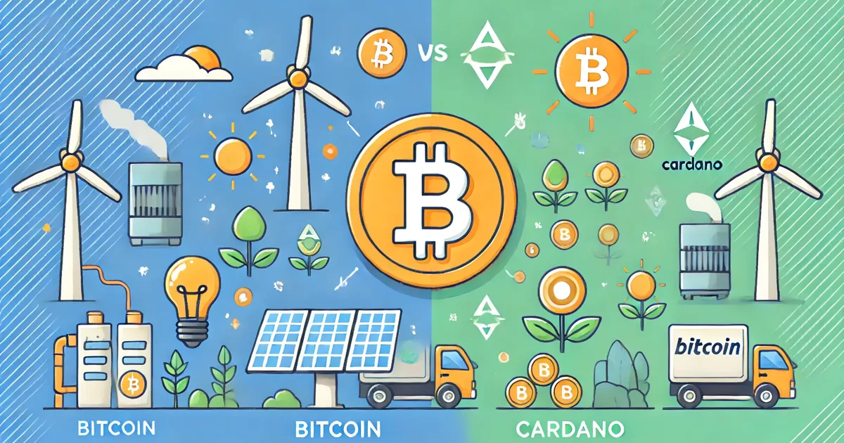 Illustrasjon som setter bitcoin på blå bakgrunn opp mot Cardano på grønn bakgrunn, med vindmøller og solceller på begge sider